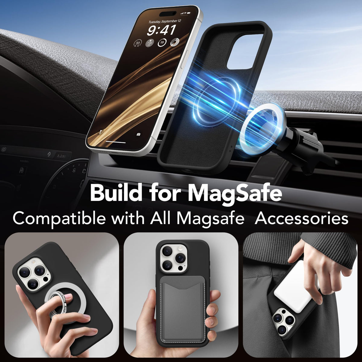 GONEZ Magnetic for iPhone 15 Pro Case, Silicone Cover Black