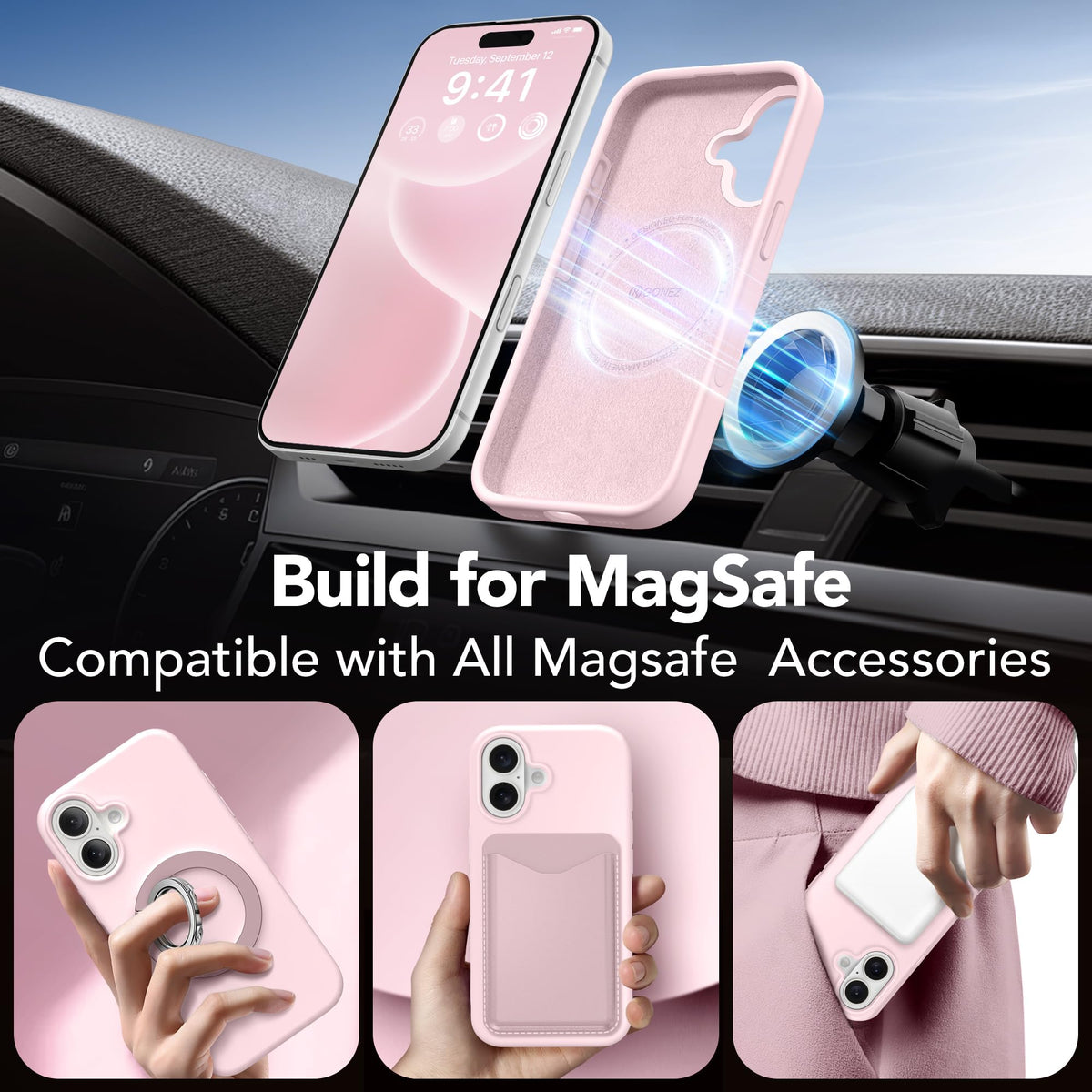 GONEZ Magnetic for iPhone 16 Case, Silicone Cover Chalk Pink