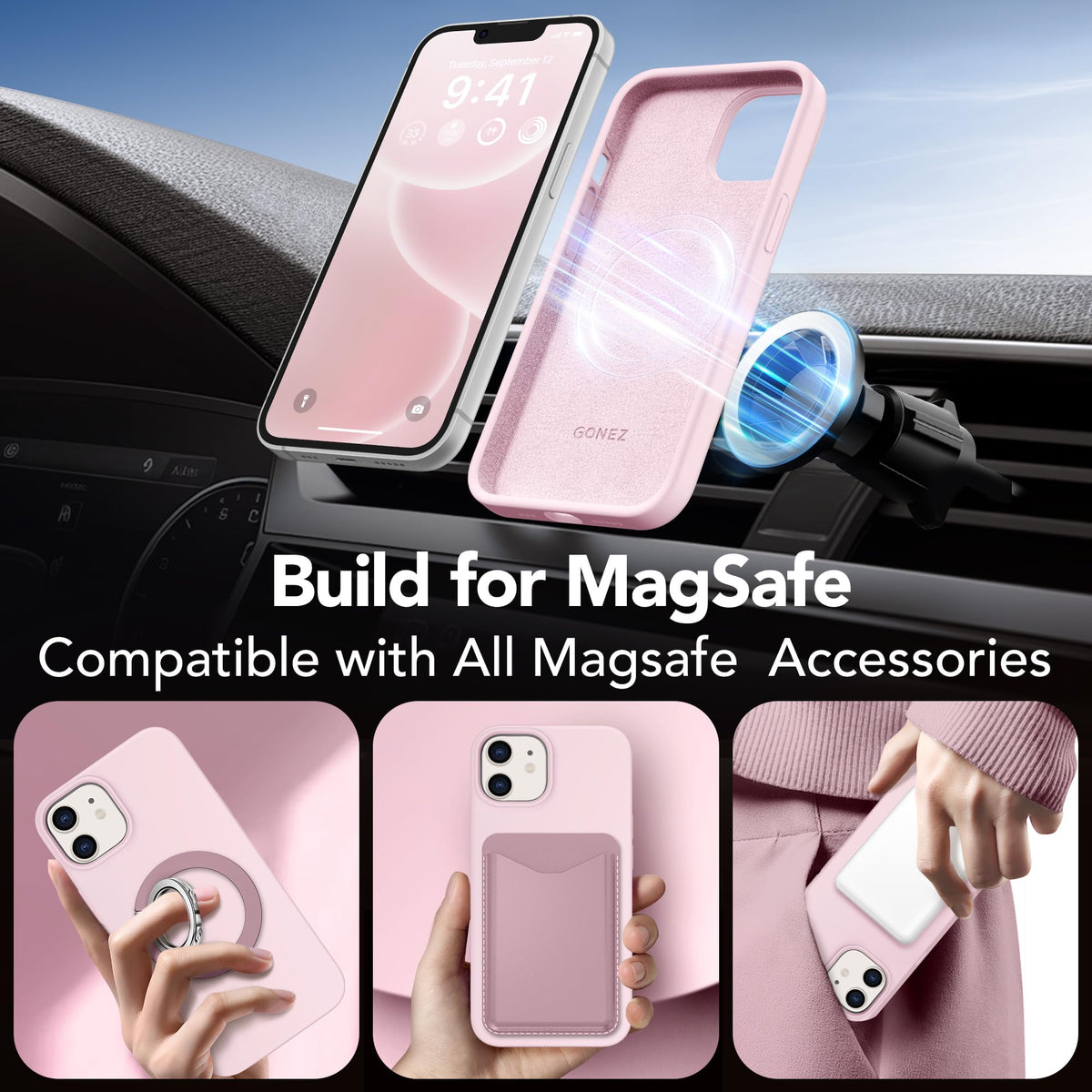GONEZ Magnetic for iPhone 12/12 Pro Case, Silicone Cover Chalk Pink