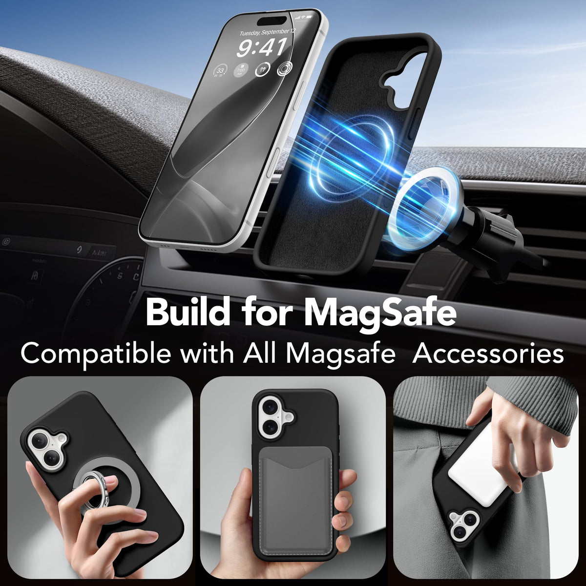 GONEZ Magnetic for iPhone 16 Case, Silicone Cover Black