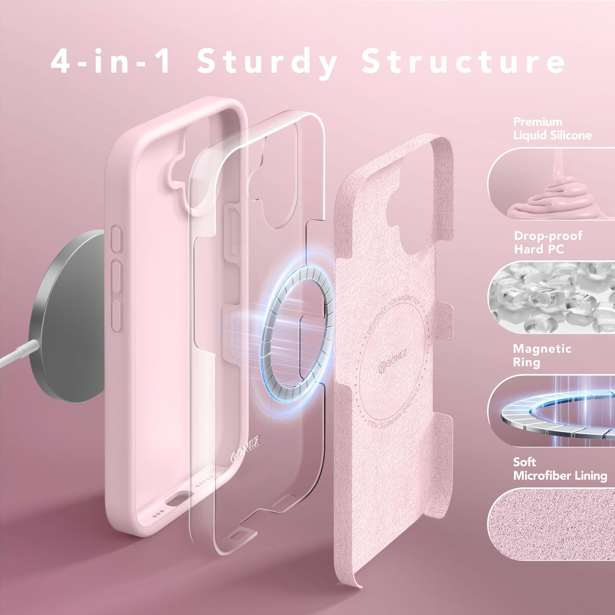 GONEZ Magnetic for iPhone 16 Case, Silicone Cover Chalk Pink